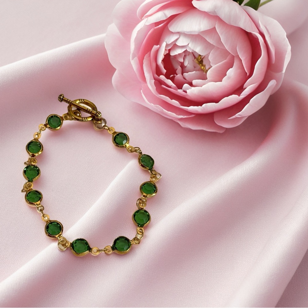 Hand Crafted Gold Bracelet with Green Stones